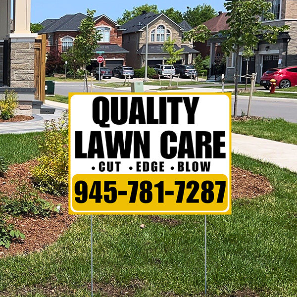 Landscaper - Quality Lawn Care - Cut Edge Blow - Mustard Gold White Design - YardSigns.com