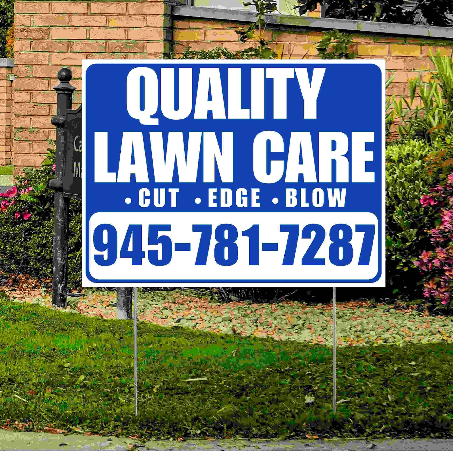 Landscaper - Quality Lawn Care - Cut Edge Blow - Blue White Design YardSigns.com
