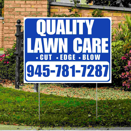 Landscaper - Quality Lawn Care - Cut Edge Blow - Blue White Design YardSigns.com