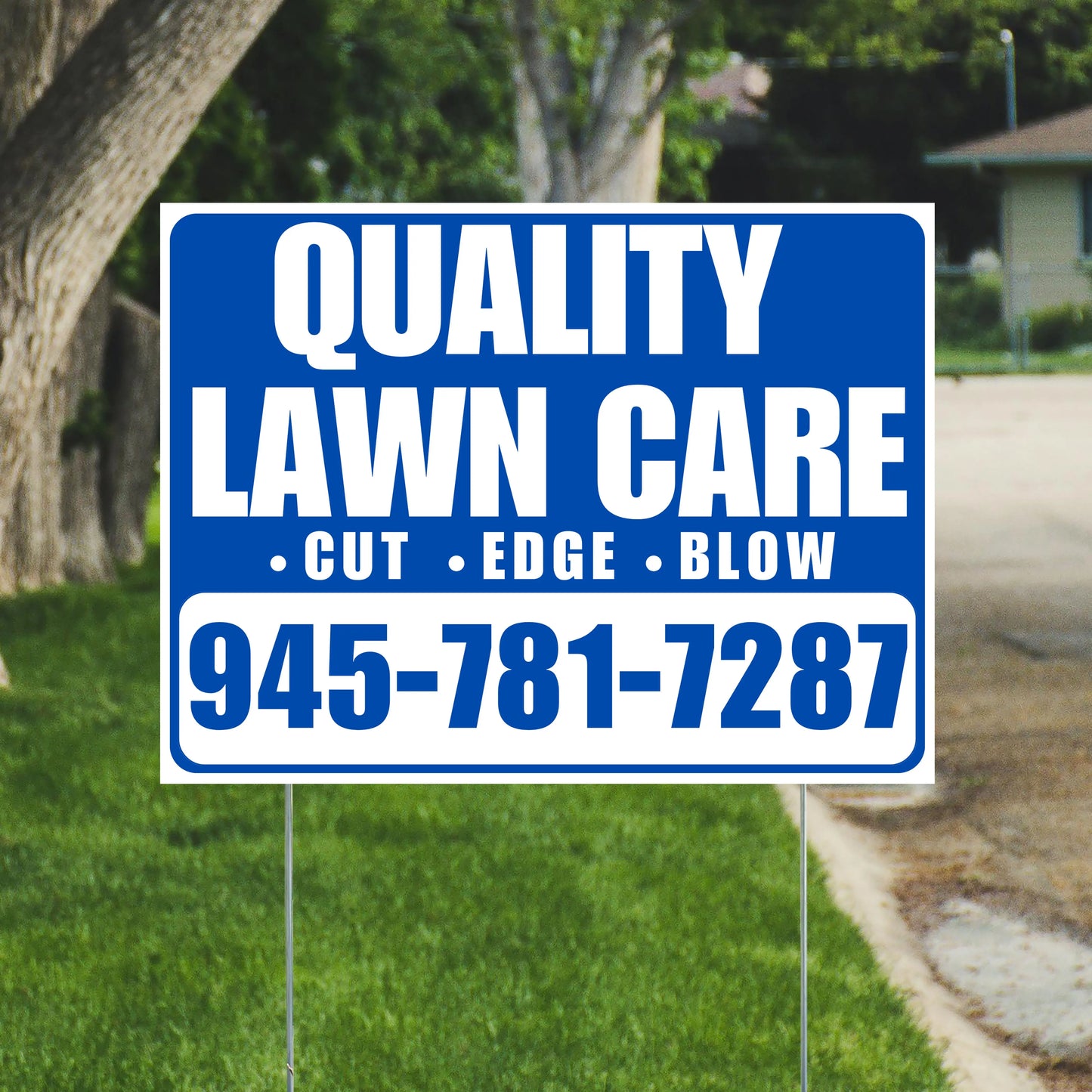 Landscaper - Quality Lawn Care - Cut Edge Blow - Blue White Design YardSigns.com