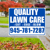 Landscaper - Quality Lawn Care - Cut Edge Blow - Blue White Design YardSigns.com
