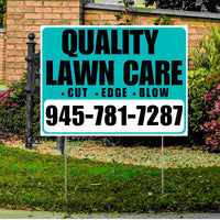 Landscaper - Quality Lawn Care - Cut Edge Blow - White Aqua Black Design YardSigns.com