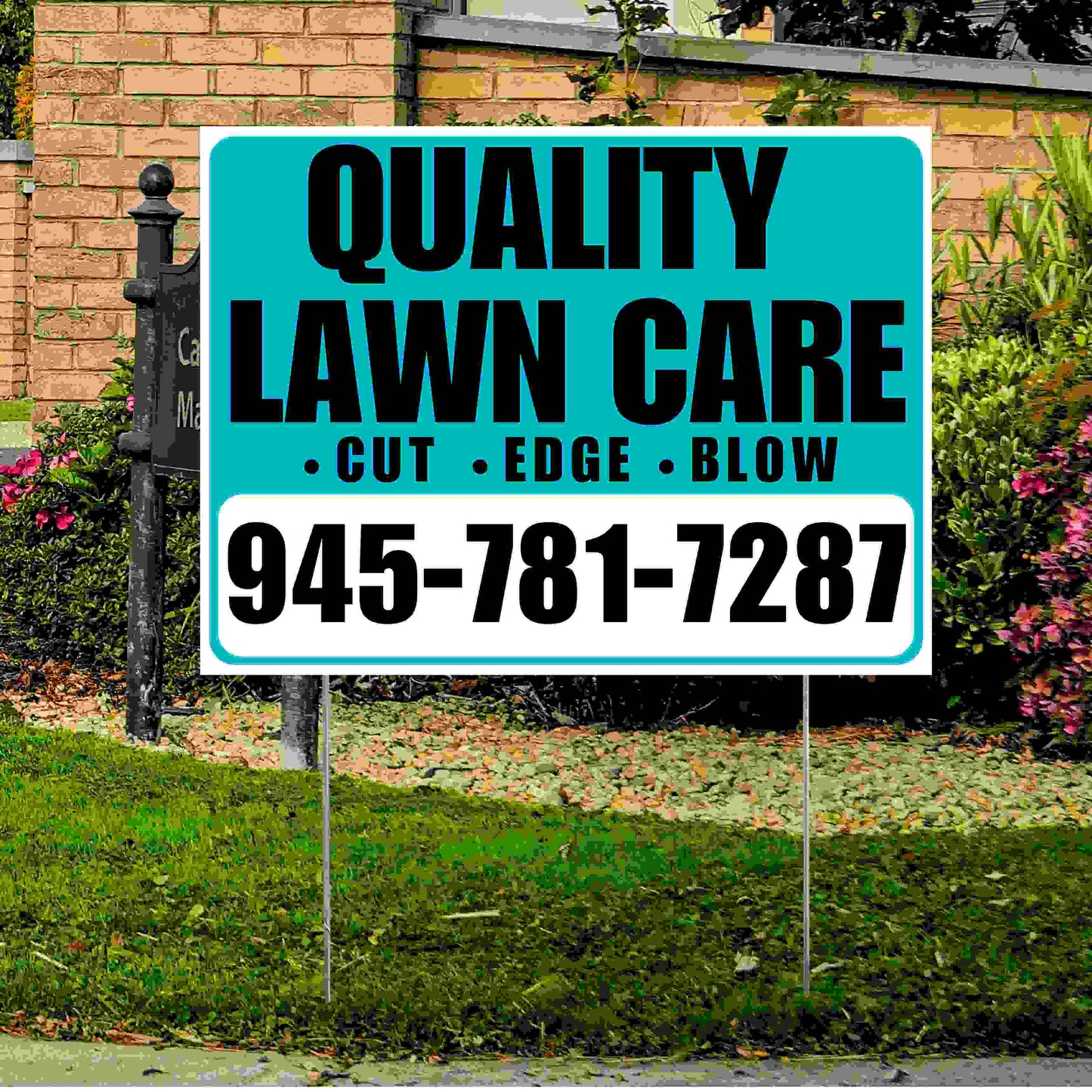 Landscaper - Quality Lawn Care - Cut Edge Blow - White Aqua Black Design YardSigns.com