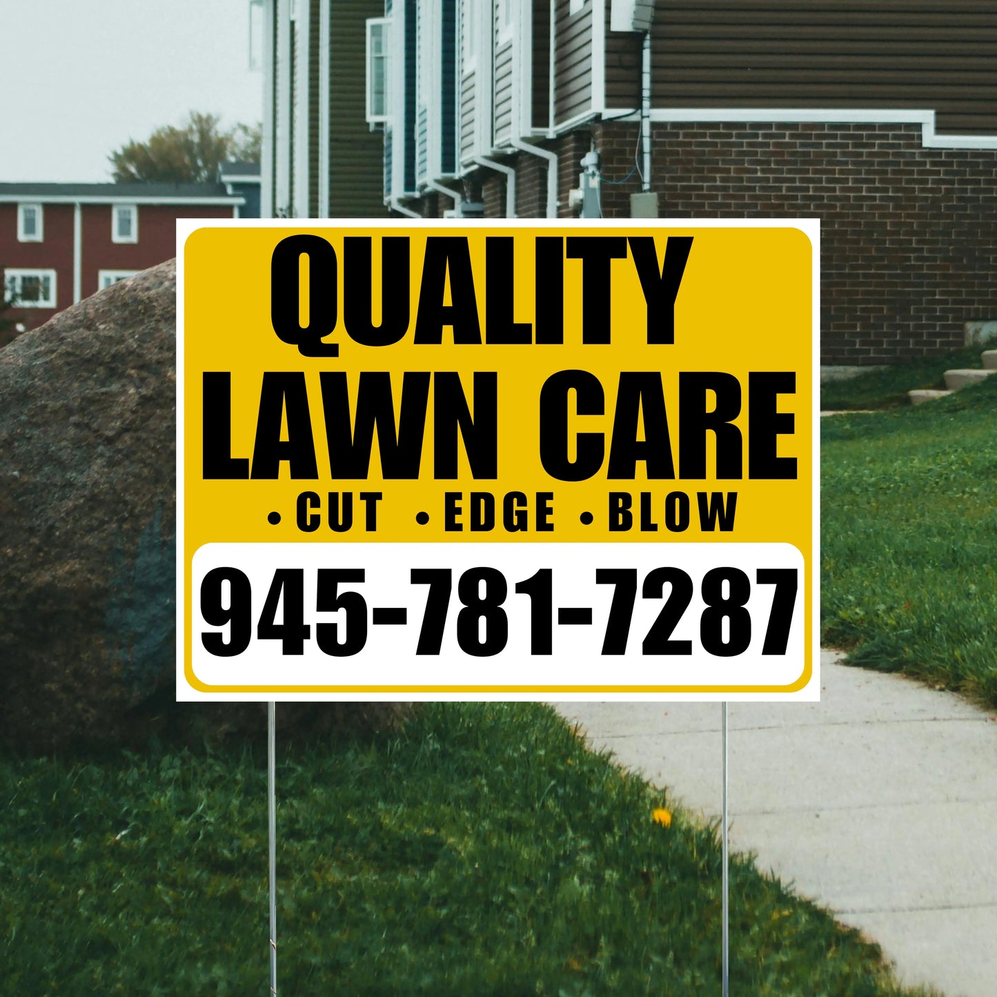 Landscaper - Quality Lawn Care - Cut Edge Blow - Mustard Gold White Design YardSigns.com