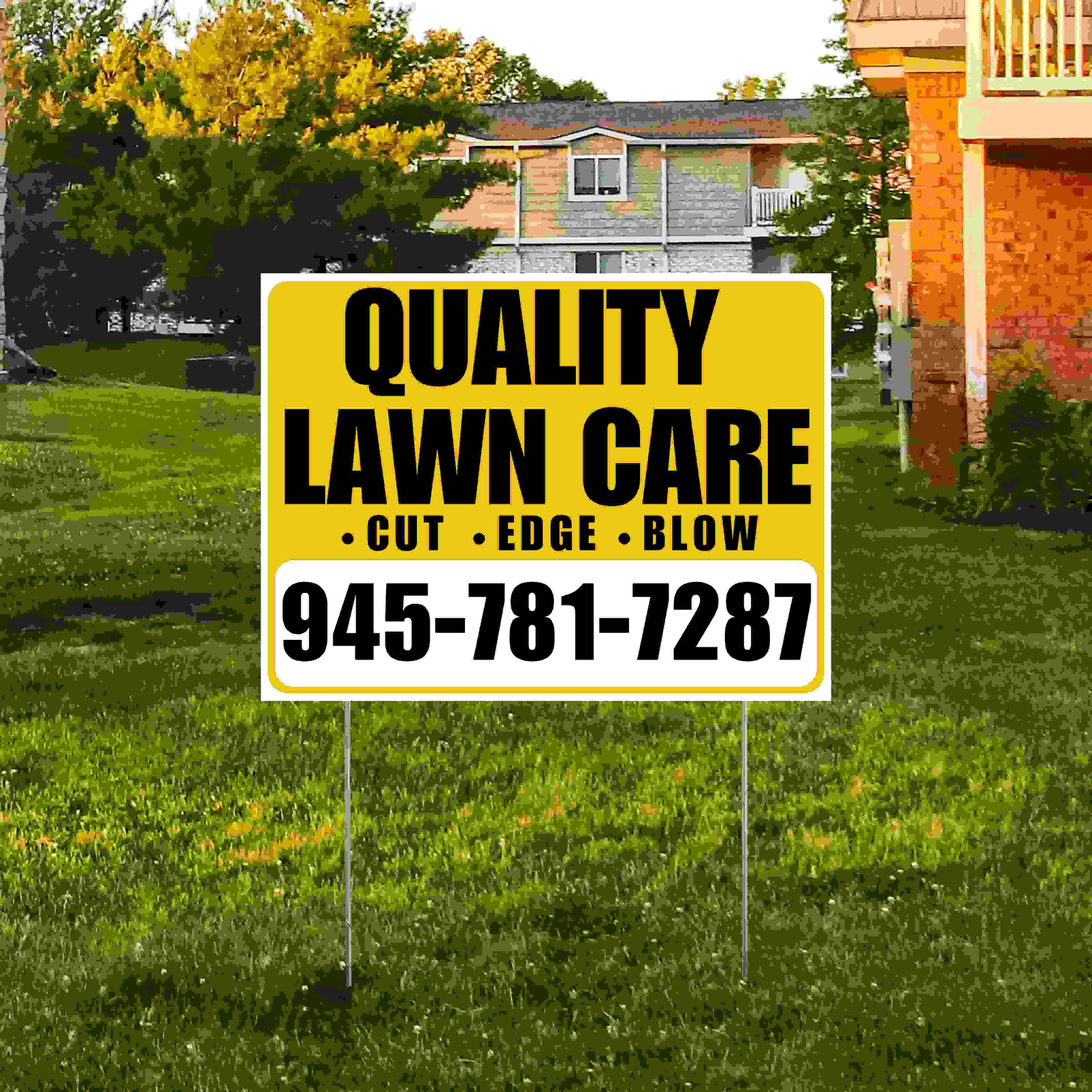 Landscaper - Quality Lawn Care - Cut Edge Blow - Mustard Gold White Design YardSigns.com