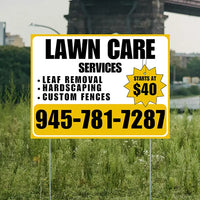 Landscaper - Lawn Care Services - Leaf Removal Hardscaping Custom Fences - White Mustard Gold Blue Design YardSigns.com