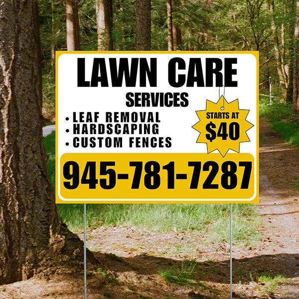 Landscaper - Lawn Care Services - Leaf Removal Hardscaping Custom Fences - White Mustard Gold Blue Design YardSigns.com