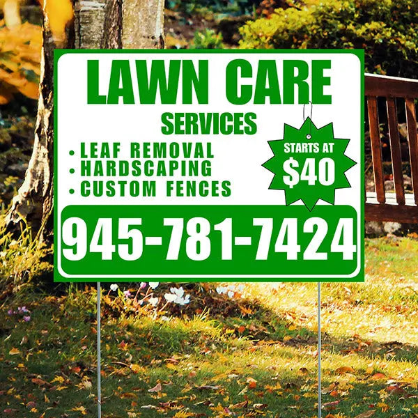 Landscaper - Lawn Care Services - Leaf Removal Hardscaping Custom Fences - White Green Design YardSigns.com