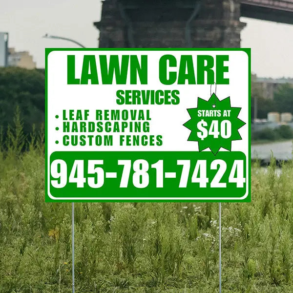 Landscaper - Lawn Care Services - Leaf Removal Hardscaping Custom Fences - White Green Design YardSigns.com