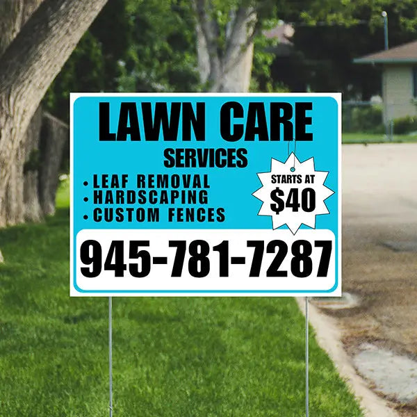 Landscaper - Lawn Care Services - Leaf Removal Hardscaping Custom Fences - Aqua Blue White Design YardSigns.com