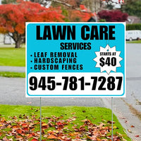 Landscaper - Lawn Care Services - Leaf Removal Hardscaping Custom Fences - Aqua Blue White Design YardSigns.com