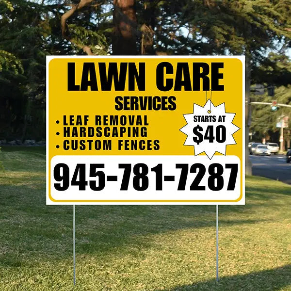 Landscaper - Lawn Care Services - Leaf Removal Hardscaping Custom Fences - Mustard Gold White Design YardSigns.com