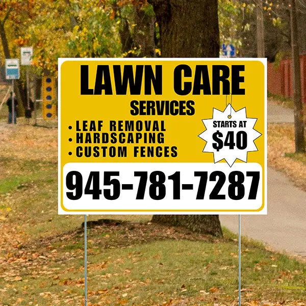 Landscaper - Lawn Care Services - Leaf Removal Hardscaping Custom Fences - Mustard Gold White Design YardSigns.com