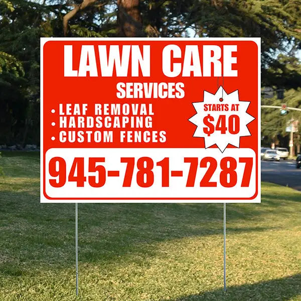 Landscaper - Lawn Care Services - Leaf Removal Hardscaping Custom Fences - Chili Red White Design YardSigns.com