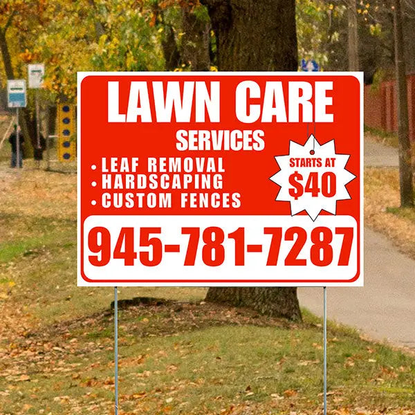 Landscaper - Lawn Care Services - Leaf Removal Hardscaping Custom Fences - Chili Red White Design YardSigns.com