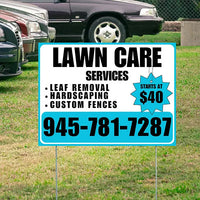 Landscaper - Lawn Care Services - Leaf Removal Hardscaping Custom Fences - White Aqua Blue Design YardSigns.com