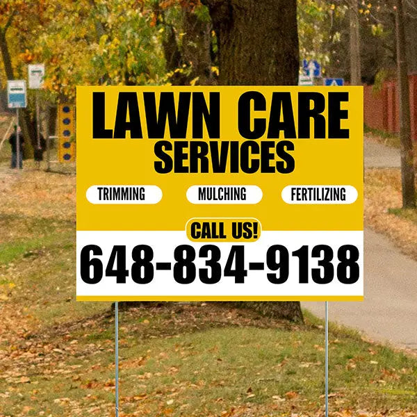 Landscaper - Lawn Care Services - Trimming Mulching Fertilizing - Mustard Gold White Design YardSigns.com