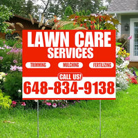 Landscaper - Lawn Care Services - Trimming Mulching Fertilizing - Chili Red White Design YardSigns.com