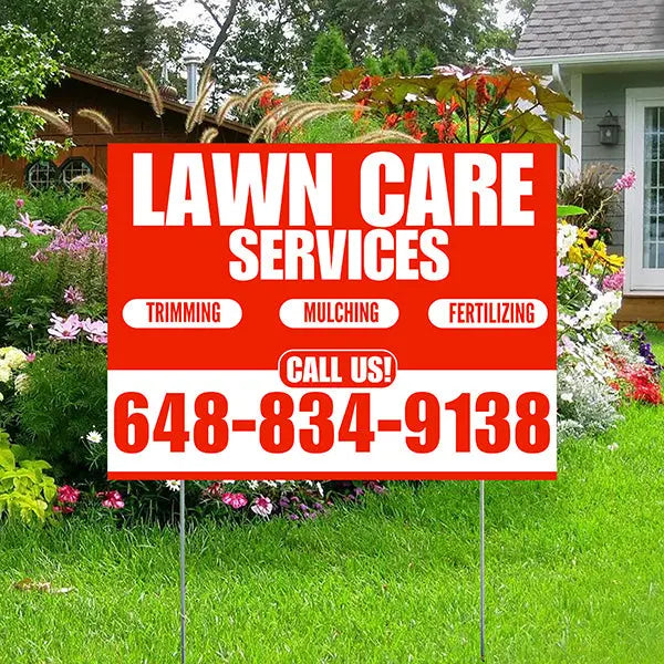 Landscaper - Lawn Care Services - Trimming Mulching Fertilizing - Chili Red White Design YardSigns.com