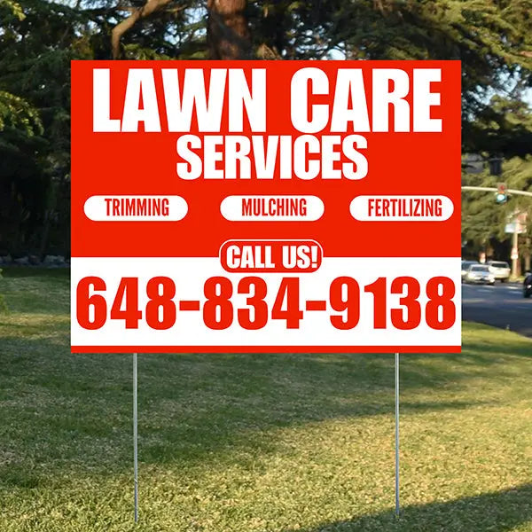 Landscaper - Lawn Care Services - Trimming Mulching Fertilizing - Chili Red White Design YardSigns.com