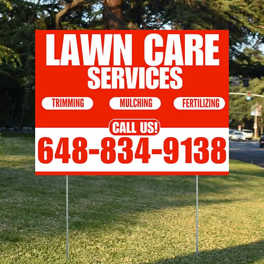 Landscaper - Lawn Care Services - Trimming Mulching Fertilizing - Chili Red White Design YardSigns.com