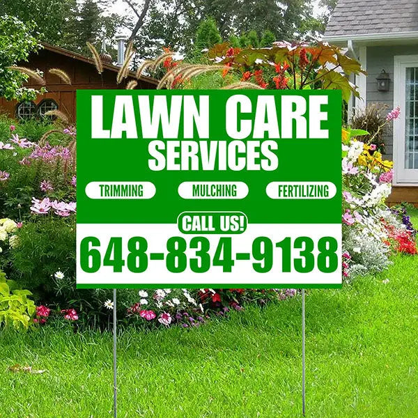 Landscaper - Lawn Care Services - Trimming Mulching Fertilizing - Green White Design YardSigns.com