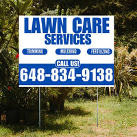Landscaper - Lawn Care Services - Trimming Mulching Fertilizing - White Blue Design YardSigns.com