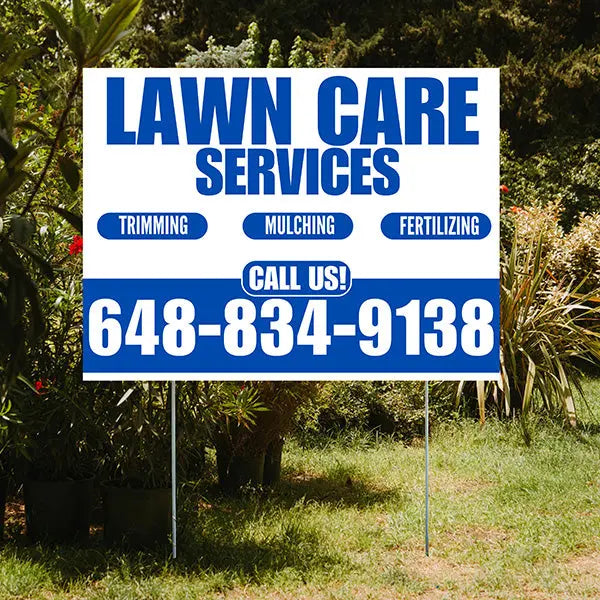 Landscaper - Lawn Care Services - Trimming Mulching Fertilizing - White Blue Design YardSigns.com