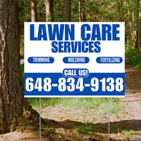 Landscaper - Lawn Care Services - Trimming Mulching Fertilizing - White Blue Design YardSigns.com