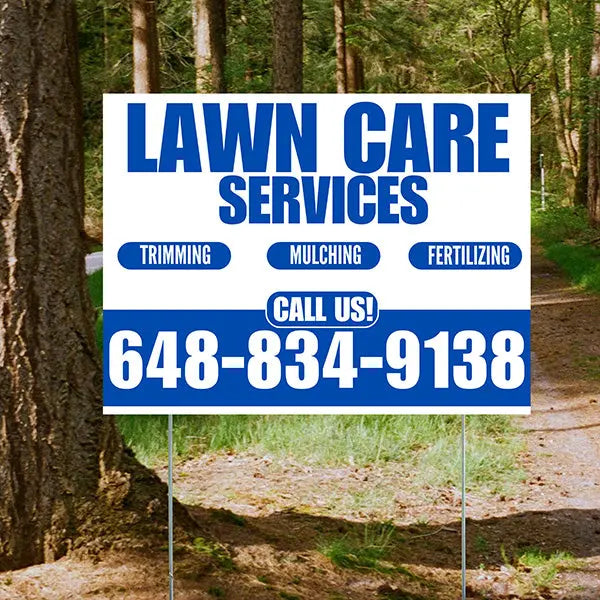 Landscaper - Lawn Care Services - Trimming Mulching Fertilizing - White Blue Design YardSigns.com