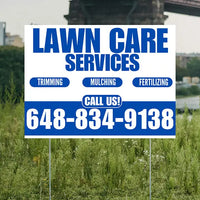 Landscaper - Lawn Care Services - Trimming Mulching Fertilizing - White Blue Design YardSigns.com