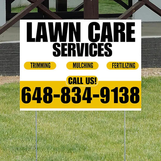 Landscaper - Lawn Care Services - Trimming Mulching Fertilizing - White Mustard Gold Design YardSigns.com