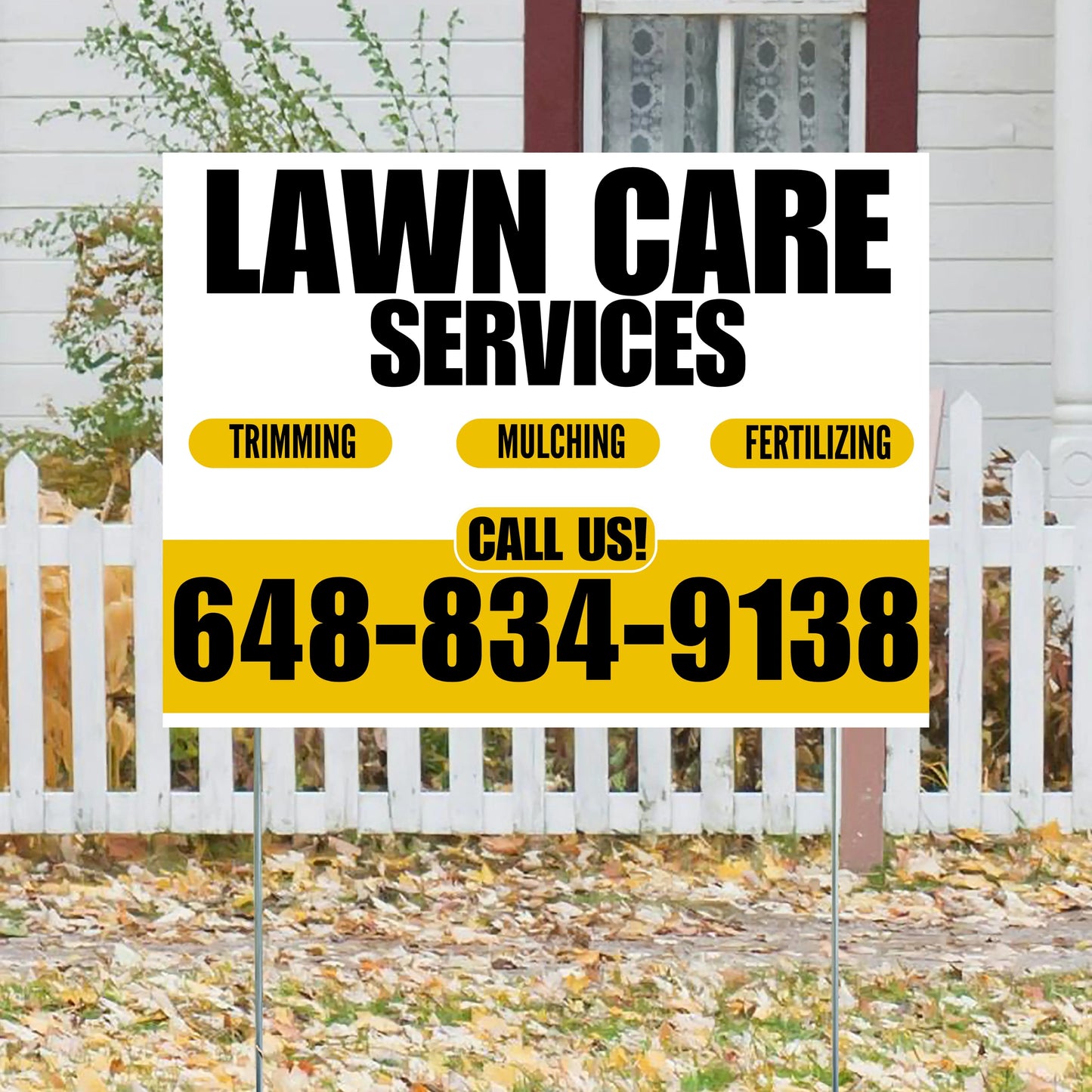 Landscaper - Lawn Care Services - Trimming Mulching Fertilizing - White Mustard Gold Design YardSigns.com