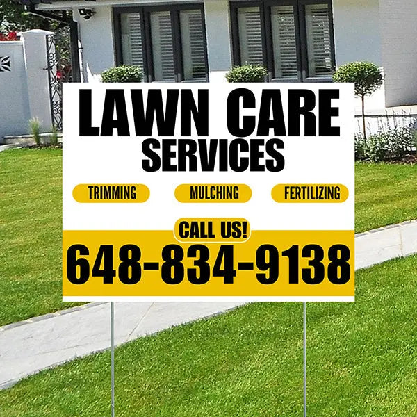 Landscaper - Lawn Care Services - Trimming Mulching Fertilizing - White Mustard Gold Design YardSigns.com