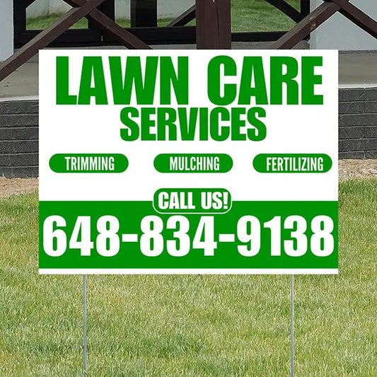 Landscaper - Lawn Care Services - Trimming Mulching Fertilizing - White Green Design YardSigns.com