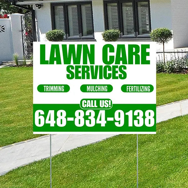 Landscaper - Lawn Care Services - Trimming Mulching Fertilizing - White Green Design YardSigns.com
