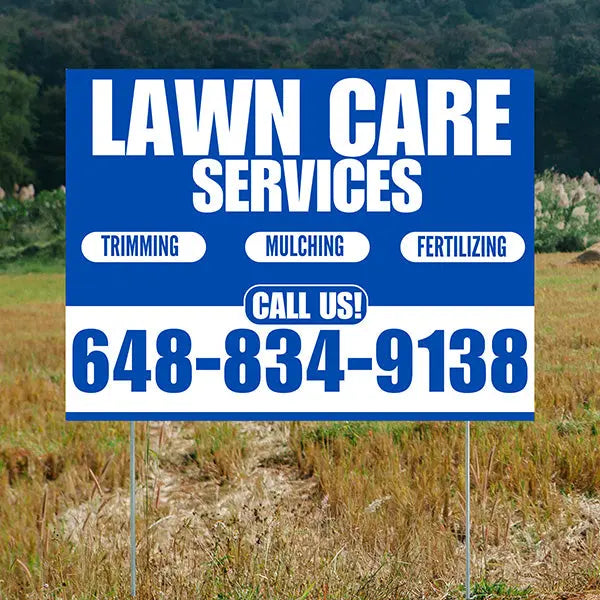Landscaper - Lawn Care Services - Trimming Mulching Fertilizing - Blue White Design YardSigns.com