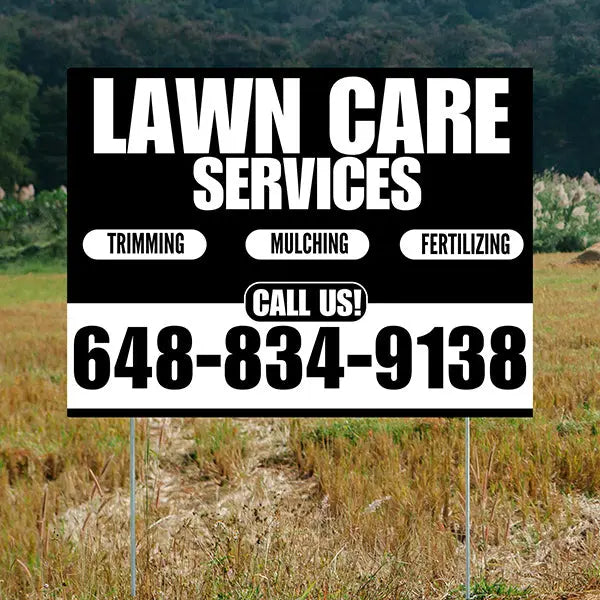 Landscaper - Lawn Care Services - Trimming Mulching Fertilizing - Black White Design YardSigns.com