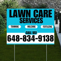 Landscaper - Lawn Care Services - Trimming Mulching Fertilizing - Aqua Blue White Design YardSigns.com
