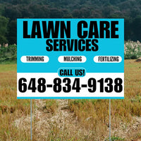 Landscaper - Lawn Care Services - Trimming Mulching Fertilizing - Aqua Blue White Design YardSigns.com