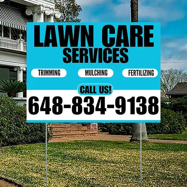 Landscaper - Lawn Care Services - Trimming Mulching Fertilizing - Aqua Blue White Design YardSigns.com