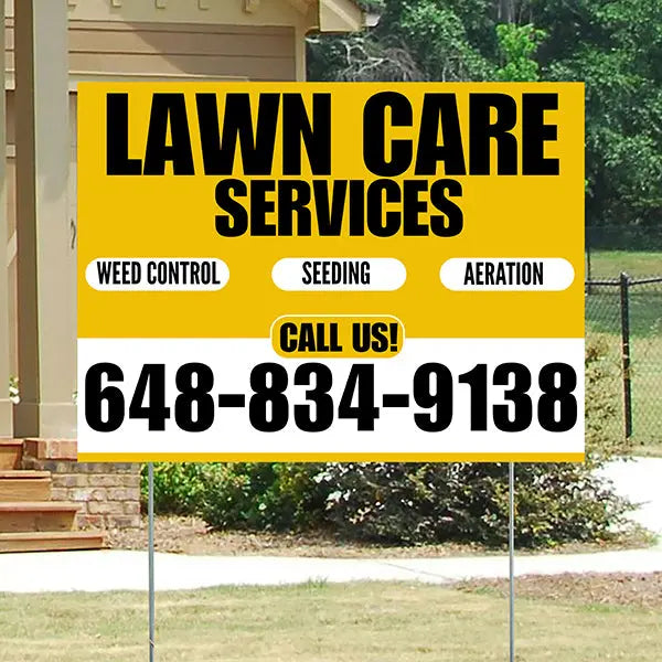 Landscaper - Lawn Care Services - Weed Control Seeding Aeration - Mustard Gold White Design YardSigns.com