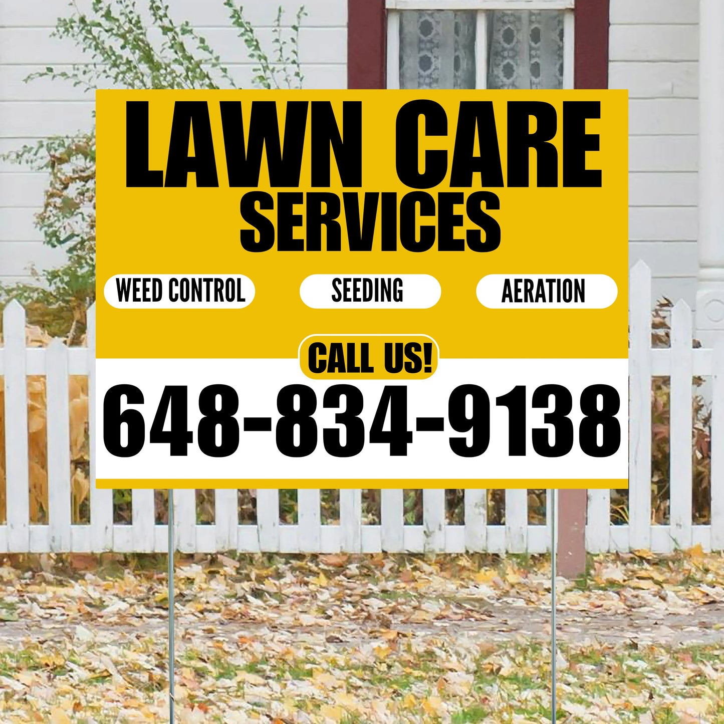 Landscaper - Lawn Care Services - Weed Control Seeding Aeration - Mustard Gold White Design YardSigns.com