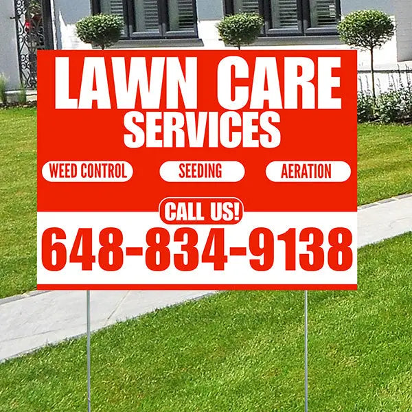 Landscaper - Lawn Care Services - Weed Control Seeding Aeration - Chili Red White Design YardSigns.com