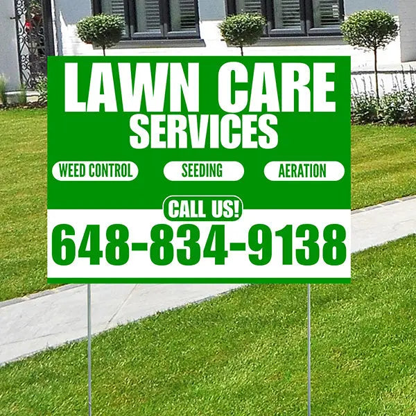 Landscaper - Lawn Care Services - Weed Control Seeding Aeration - Green White Design YardSigns.com