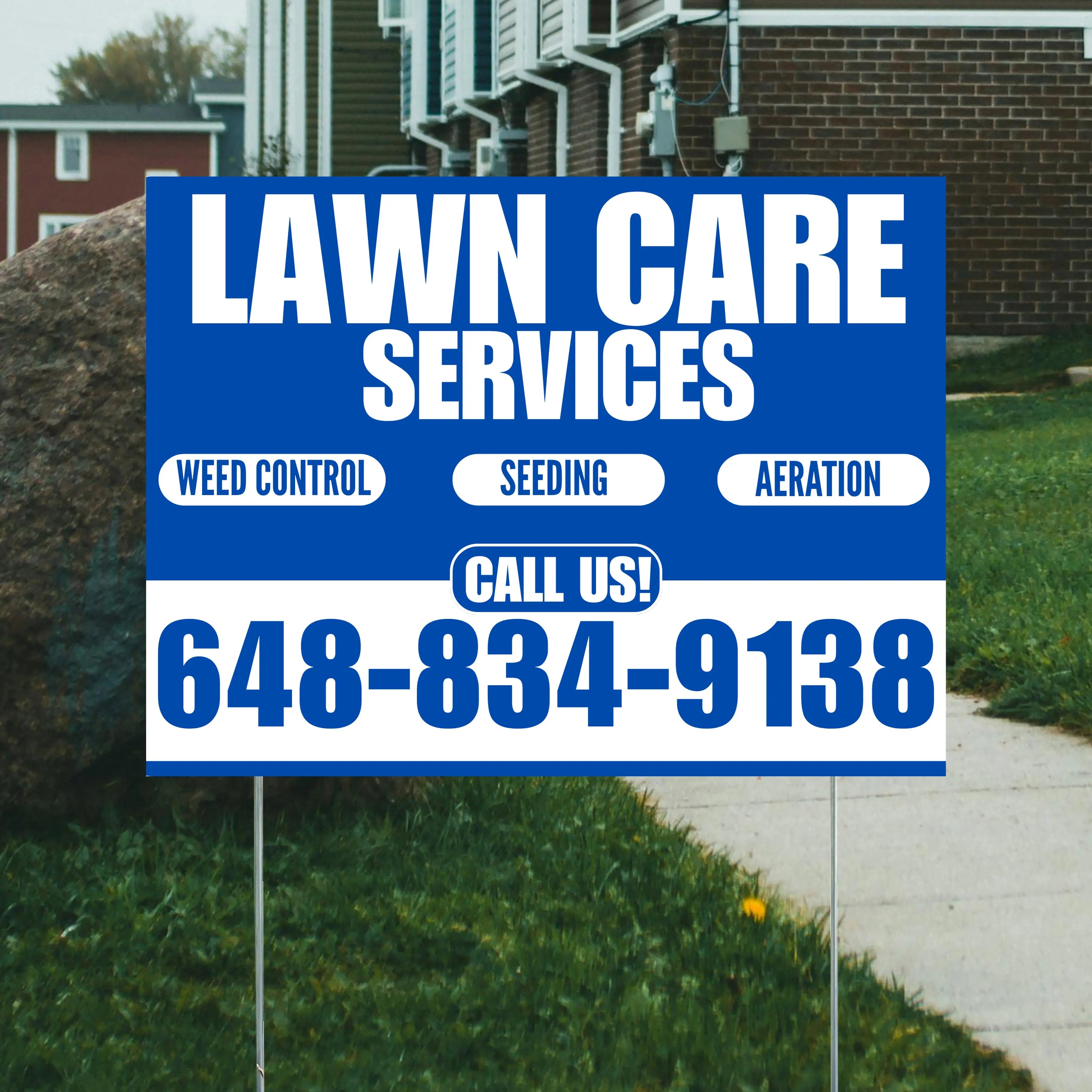 Landscaper - Lawn Care Services - Weed Control Seeding Aeration - Blue White Design YardSigns.com
