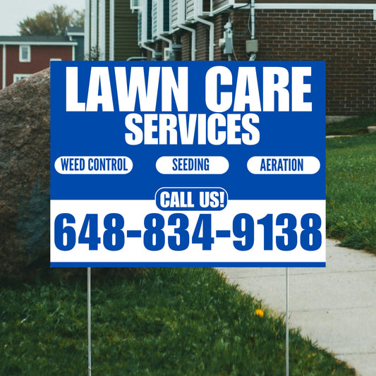Landscaper - Lawn Care Services - Weed Control Seeding Aeration - Blue White Design YardSigns.com