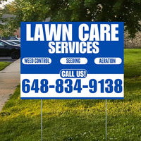 Landscaper - Lawn Care Services - Weed Control Seeding Aeration - Blue White Design YardSigns.com