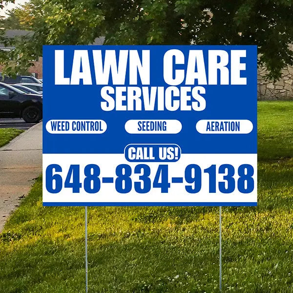Landscaper - Lawn Care Services - Weed Control Seeding Aeration - Blue White Design YardSigns.com
