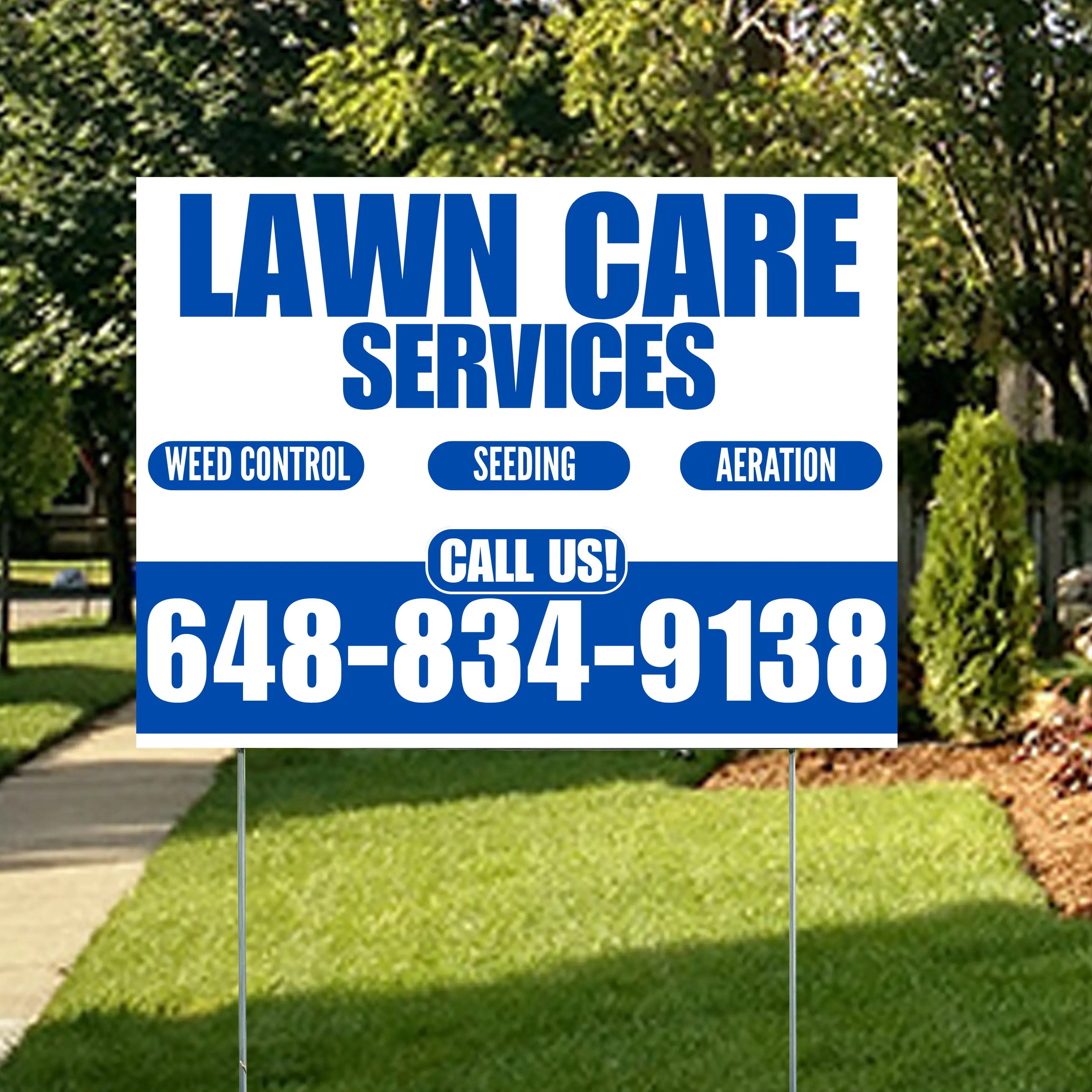 Landscaper - Lawn Care Services - Weed Control Seeding Aeration - White Blue Design YardSigns.com